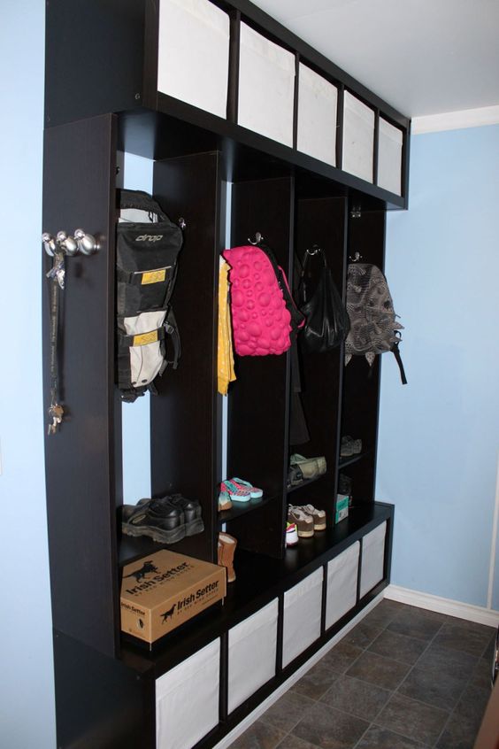 an Expedit mudroom locker with Drona boxes looks stylish, sleek and is comfy in using