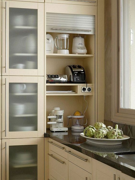 a built-in shelving unit can be opened or hidden whenever you want it