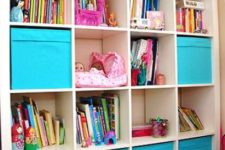 16 an Expedit shelving unit finished off with colorful IKEA Drona boxes for closed storage