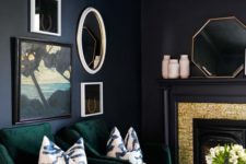 20 dark green velvet chairs in front of a black wall and brass touches for a chic look