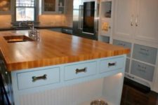 21 a kitchen island with an additional pet food station with lights and drawers for dog accessories