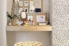 21 a refined makeup nook with a cool mustard velvet tufted pouf with storage inside