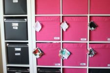 21 build your own storage with Ikea Expedit shelves, Drona pink fabric boxes and Kassett black boxes