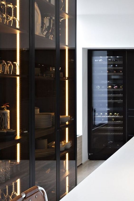 lit up smoke glass kitchen cabinets are ideal for masculine or minimalist spaces and look edgy