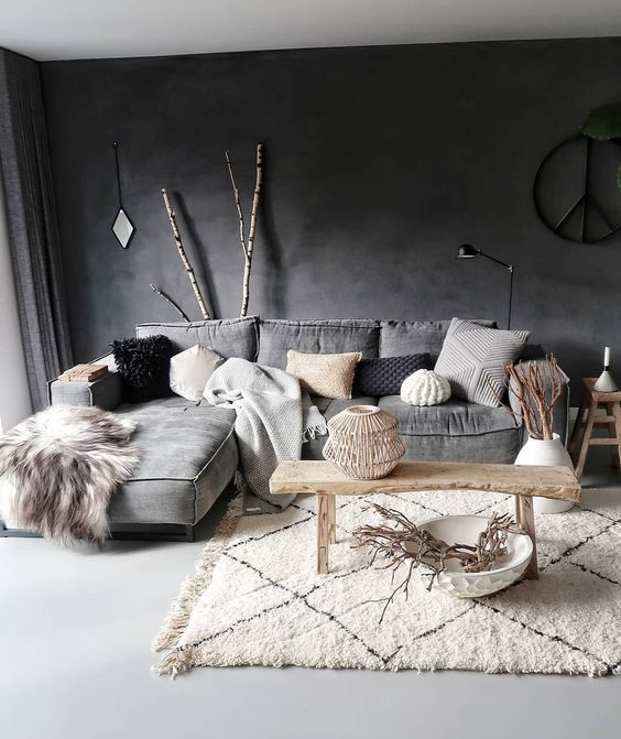 a fluffy boho Moroccan rug adds interest and texture to the space with faux fur and knit pillows