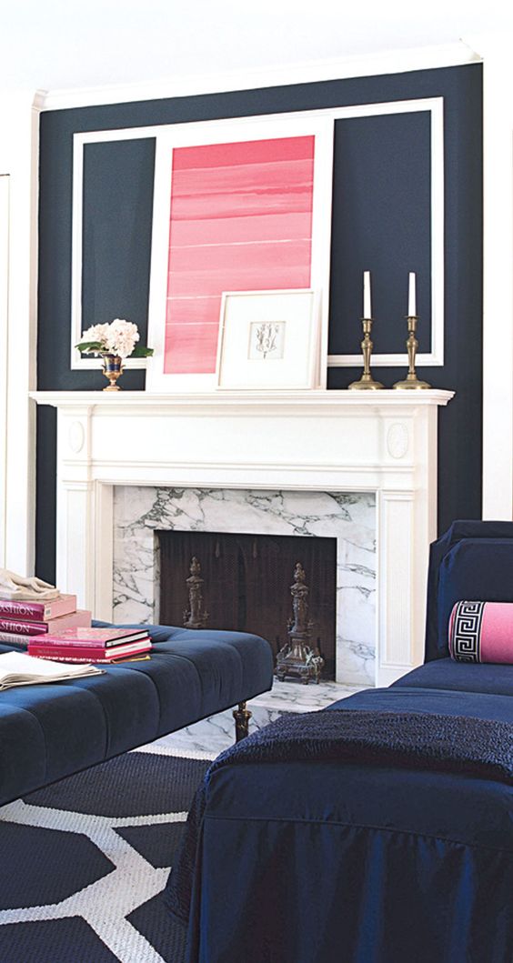 a navy and white living room with touches of hot pink is a bright and sophisticated idea