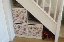 25 DIY understairs storage drawers using Ikea Drona boxes two deep, the bottom ones are mounted on a board on castors so they pull smoothly in and out