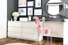 26 an acrylic chair covered with pink fur is a nice idea to incorporate a seating piece into your bedroom while giving it a function