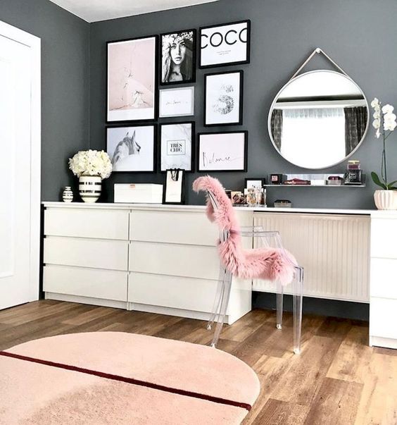 an acrylic chair covered with pink fur is a nice idea to incorporate a seating piece into your bedroom while giving it a function