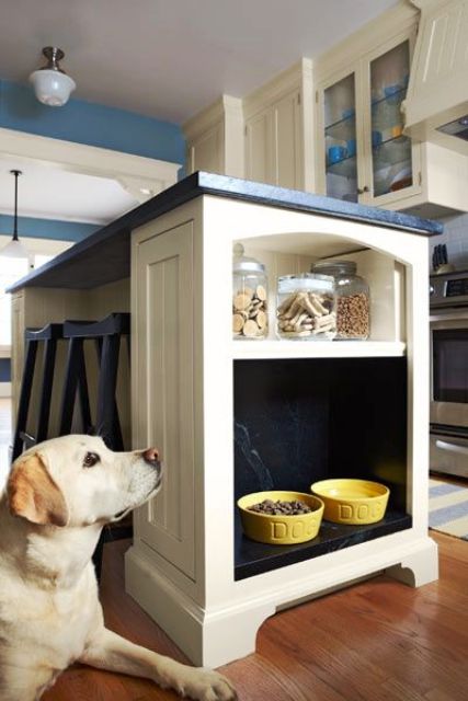 integrate a pet feeding alcove into your kitchen island and make a small shelf with dog treats above it