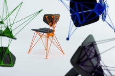 02 The chairs feature bold and neon colors and a fantastic geometric base in neon shades