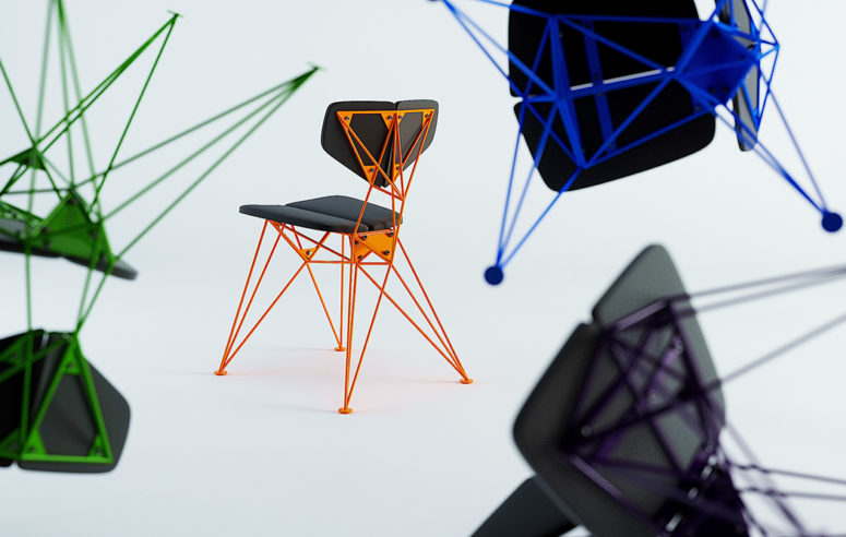 The chairs feature bold and neon colors and a fantastic geometric base in neon shades