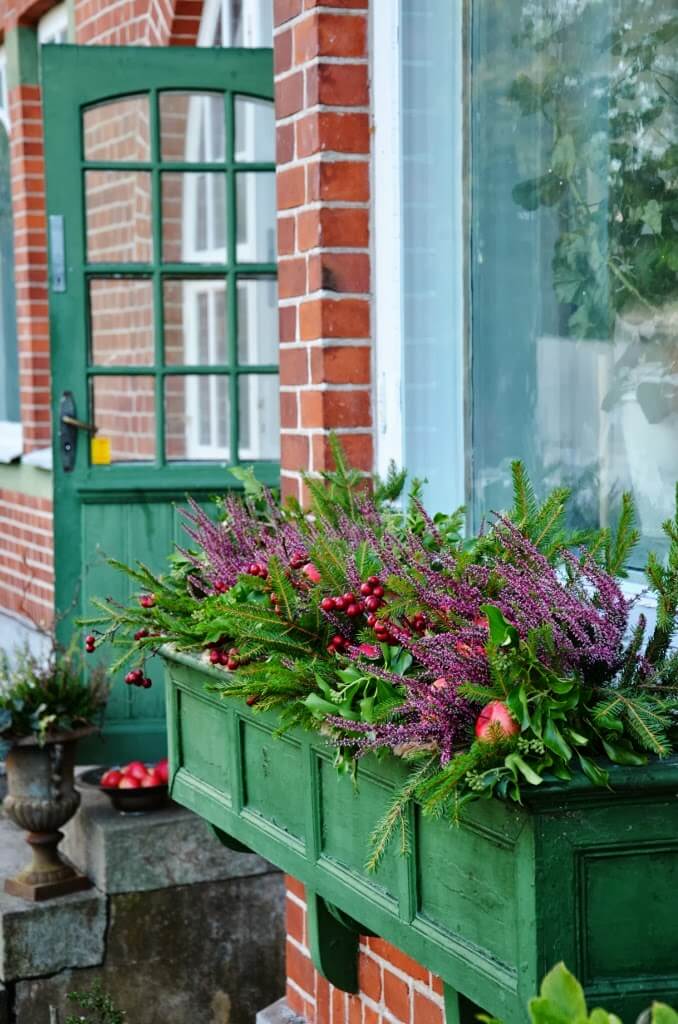 an English farmhouse style emerald window box with berries, fruits and flowers wows at once