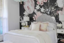 05 a dark floral statement wall is a beautiful idea for a girl’s bedroom, looks very bold and whimsy