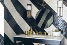 an awesome striped black and white bathroom design