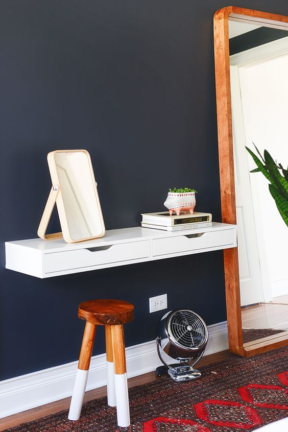a floating vanity made of an Ekby Alex unit attached to the wall is a great idea for a small space