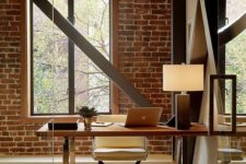 07 a home office with brick walls is a bold idea with much texture, add beams for more eye-catchiness