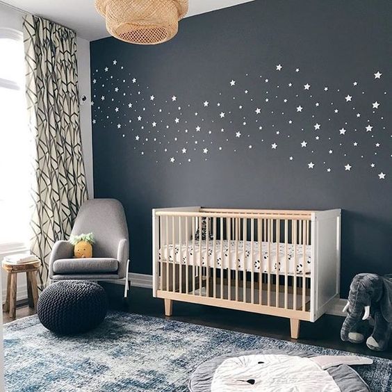 a dark celestial statement wall is a gorgeous modern idea for any nursery, looks so cute