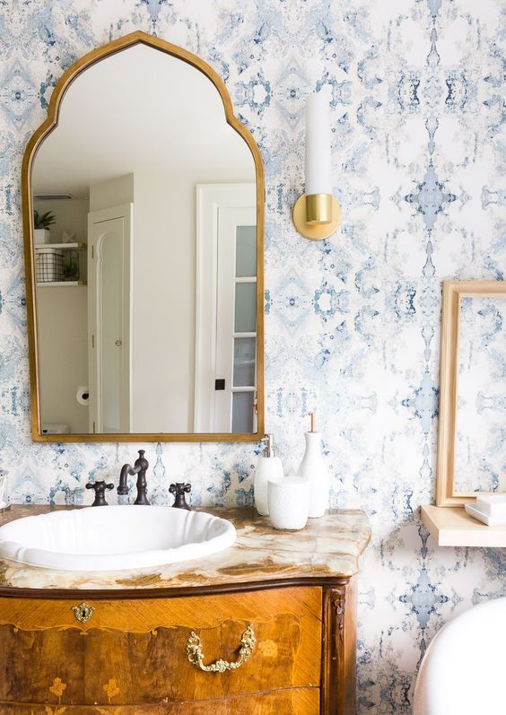 add a touch of vintage with beautiful light blue printed wallpaper like this