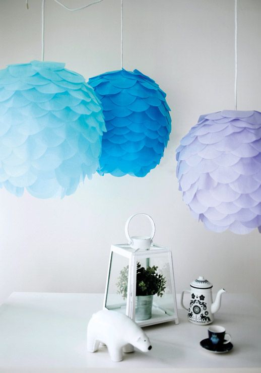 Regolit lampshades from IKEA turned into colorful artichoke lamps with paper scales