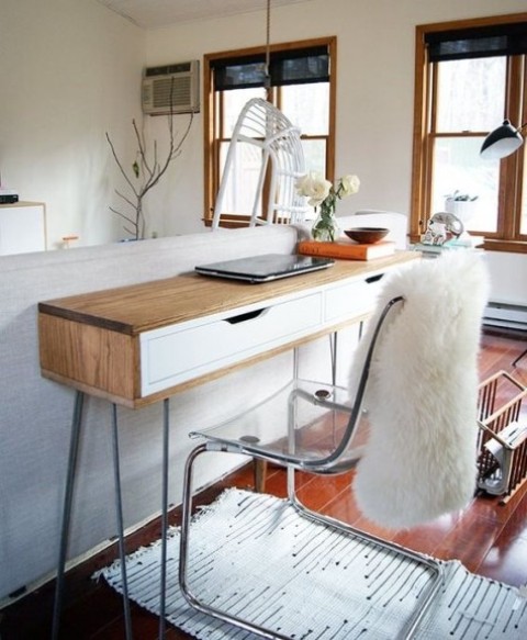 a modern slim desk with a wooden wrap made of an Ekby Alex shelf and hairpin legs won't take much space