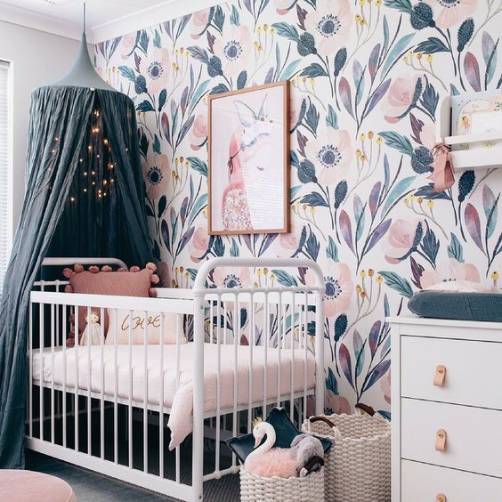 a watercolor flower wallpaper wall is a gorgeous idea for a girl's nursery