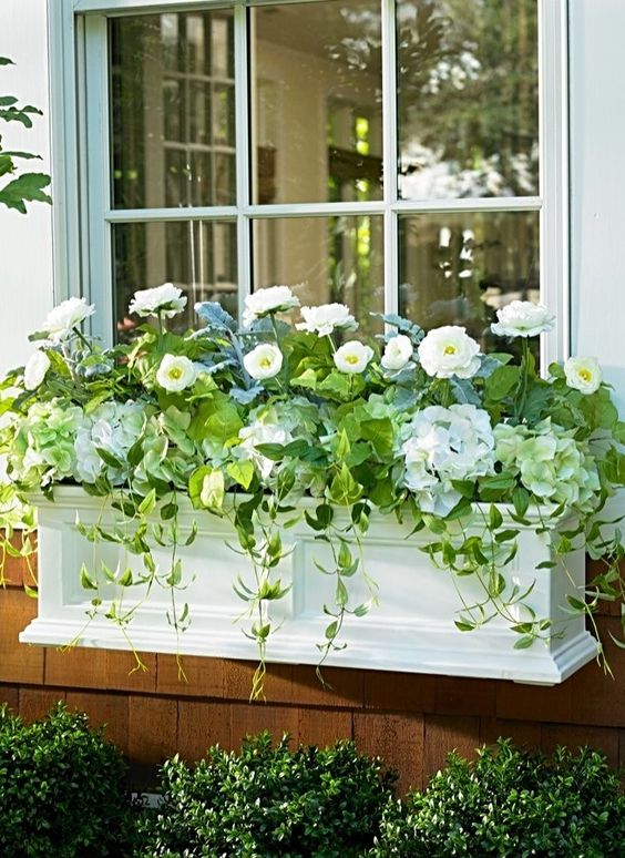 A chic white window box planter with white flowers and cascading greenery brings ultimate elegance