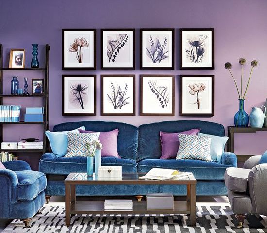 lilac is a bold and catchy idea for walls, and blue furniture may complement the space in a stylish way