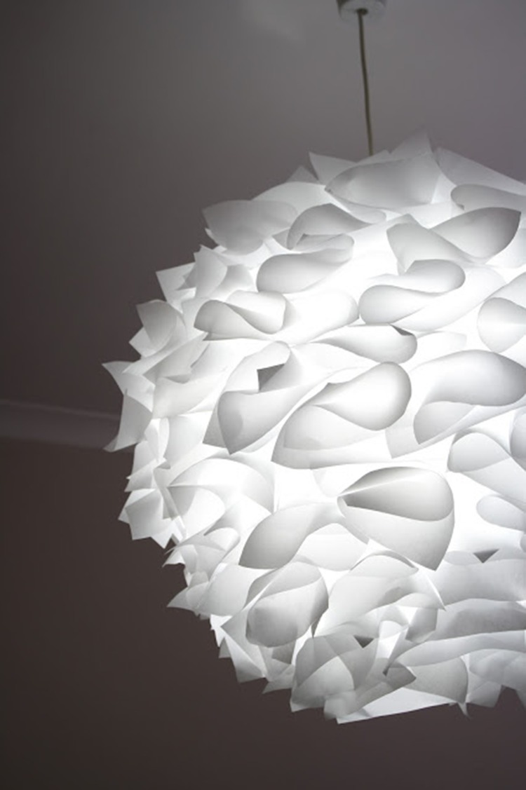 a creative pendant lamp of an IKEA Regolit lampshade and some paper decor on top