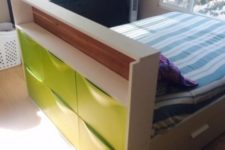 12 a kid’s bed with a headboard with a neon green Trones piece for storage, which will give you much storage space