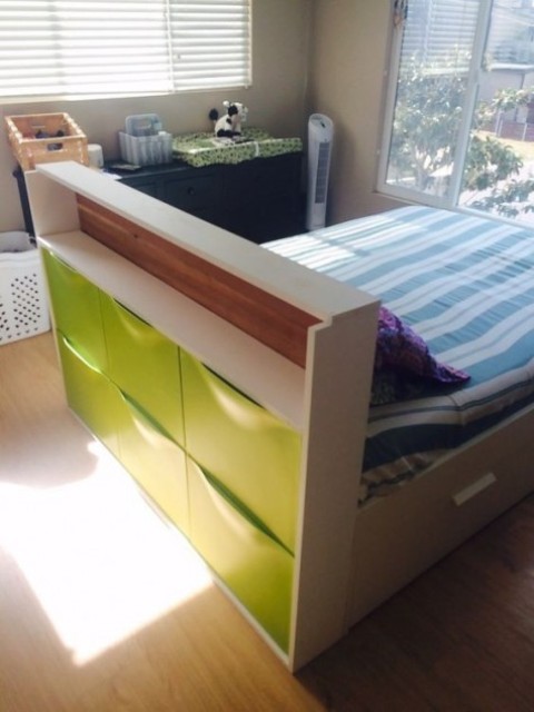 a kid's bed with a headboard with a neon green Trones piece for storage, which will give you much storage space
