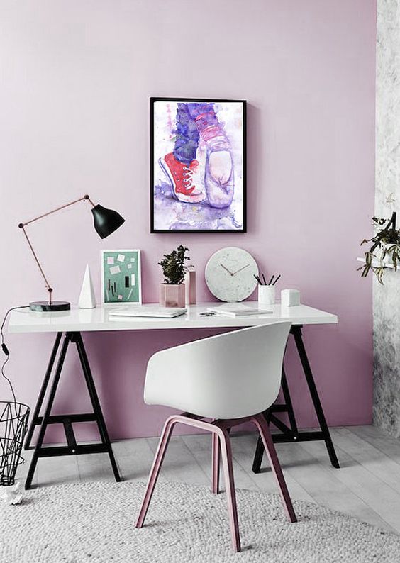 a lilac statement wall is a great color idea for a neutral space, it's a fersh alternative to a pink wall