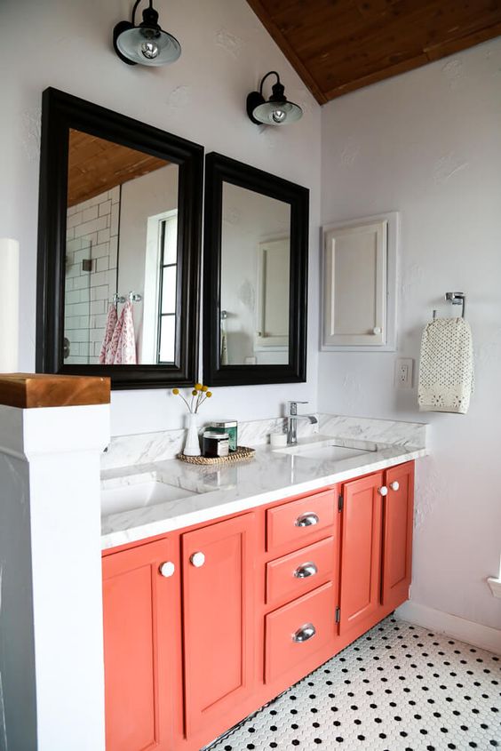 a living coral bathroom vanity is a trendy idea as this is the color of the year