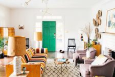a gorgeous mid-century modern living room design in a bunch of colors