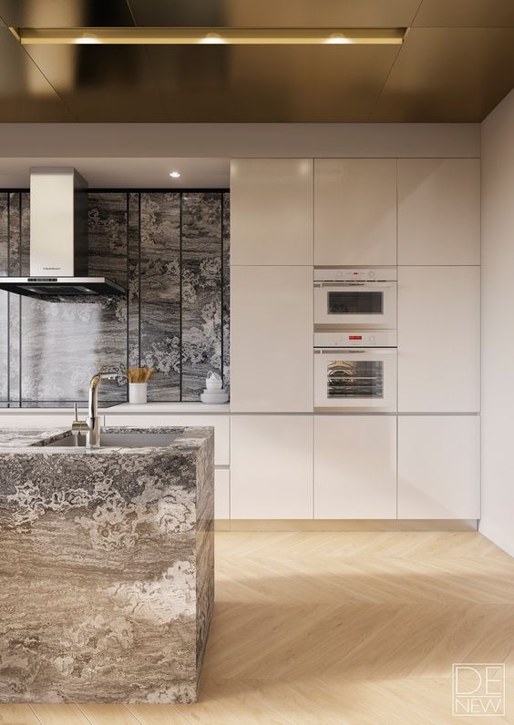 a minimalist kitchen with sleek white cabinets and a gold ceiling with a simple design, stone adds texture