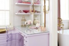 16 a cute closet with lilac furniture and brass and gold touches is an amazing girlish space