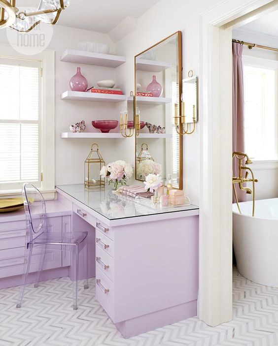 a cute closet with lilac furniture and brass and gold touches is an amazing girlish space