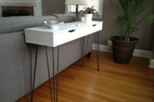 16 a very slim console table of an Ekby Alex shelf and hairpin legs for a monochromatic space