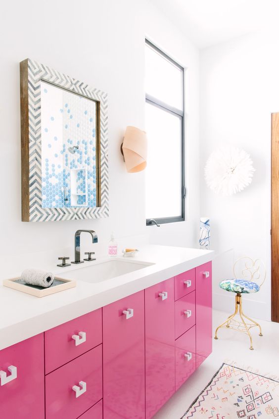 a bright pink vanity is a fun and whimsy idea for a girlish bathroom, love this passionate color