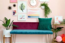 20 a color block velvet bench with hairpin legs is a bold idea for a boho chic space and can be DIYed