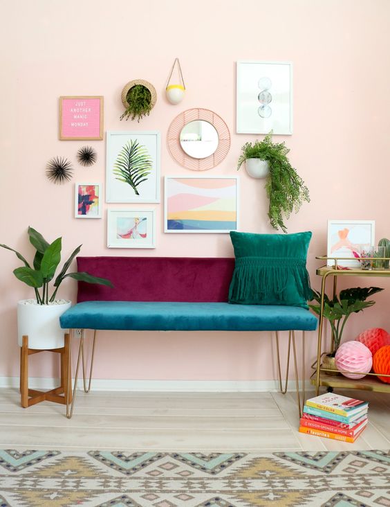 a color block velvet bench with hairpin legs is a bold idea for a boho chic space and can be DIYed
