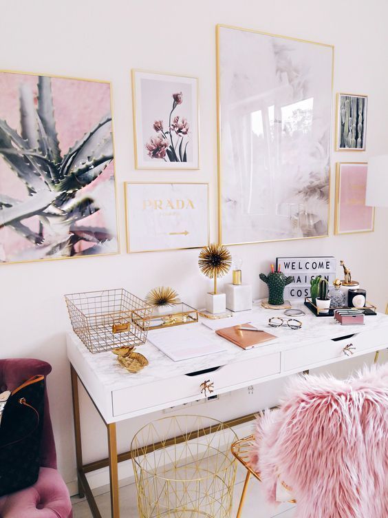 a cute gallery wall and some pink faux fur on the chair create a cool ambience for a girlish space