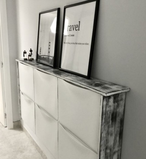 an IKEA Trones cabinet with a whitewashed waterfall countertop is a chic idea to add a Scandinavian feel