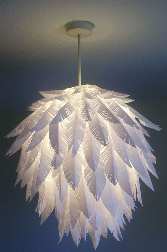 a chic paper feather pendant lamp made of an IKEA Regolit lampshade is a cool DIY