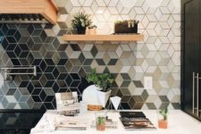 23 a geometric ombre kitchen tile backsplash makes a monochromatic kitchen bold