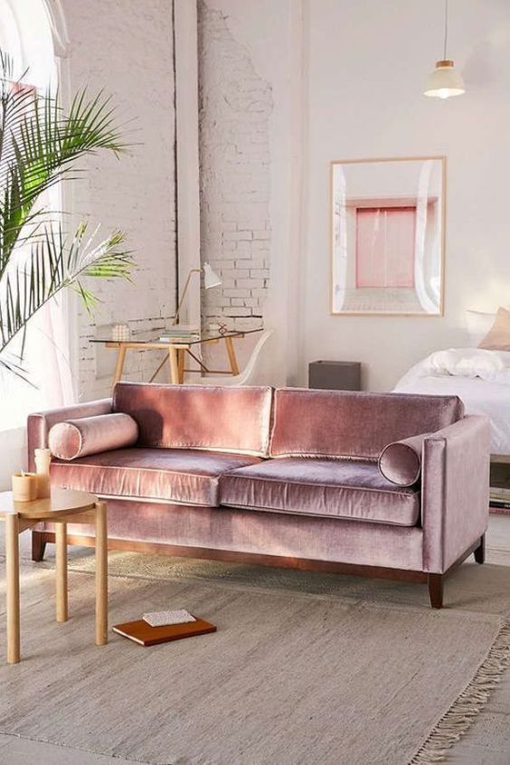 a lilac velvet sofa is a gorgeous color and fabric statement for any space, it looks shiny and bright