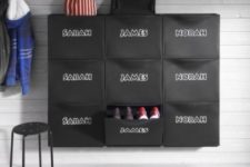 27 make a cool shoe storage piece adding stickers with kids’names to IKEA Trones