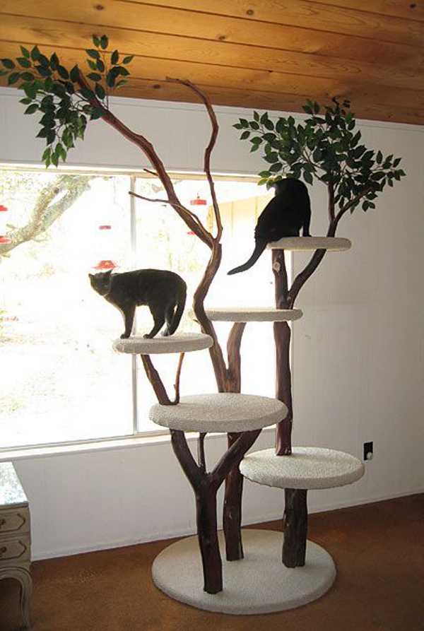 a classic-looking cat tree of branches and trunks and round platforms covered with fabric will inspire your cats to jump