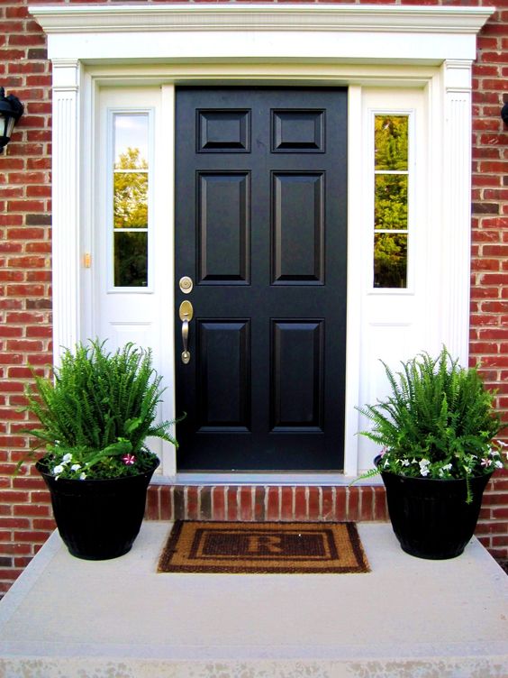 a black door and black planters with ferns and blooms for a modern and stylish porch