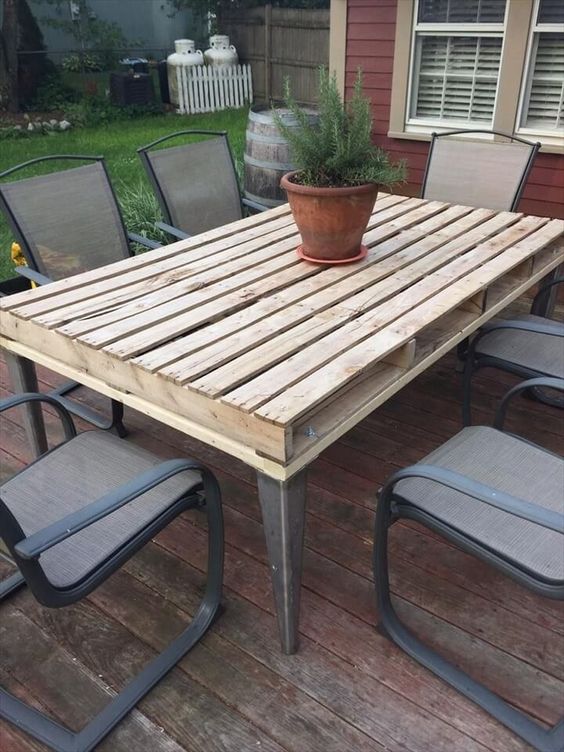 build an outdoor pallet table with a rustic tabletop and metal legs and find some matching chairs